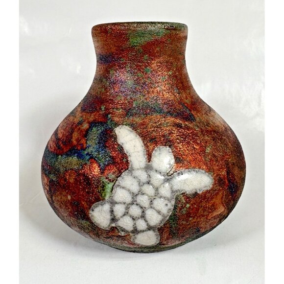 Javier Gayton Art Pottery Raku Orange Green Sea Turtle Small Bud Vase Hawaii - Picture 2 of 11